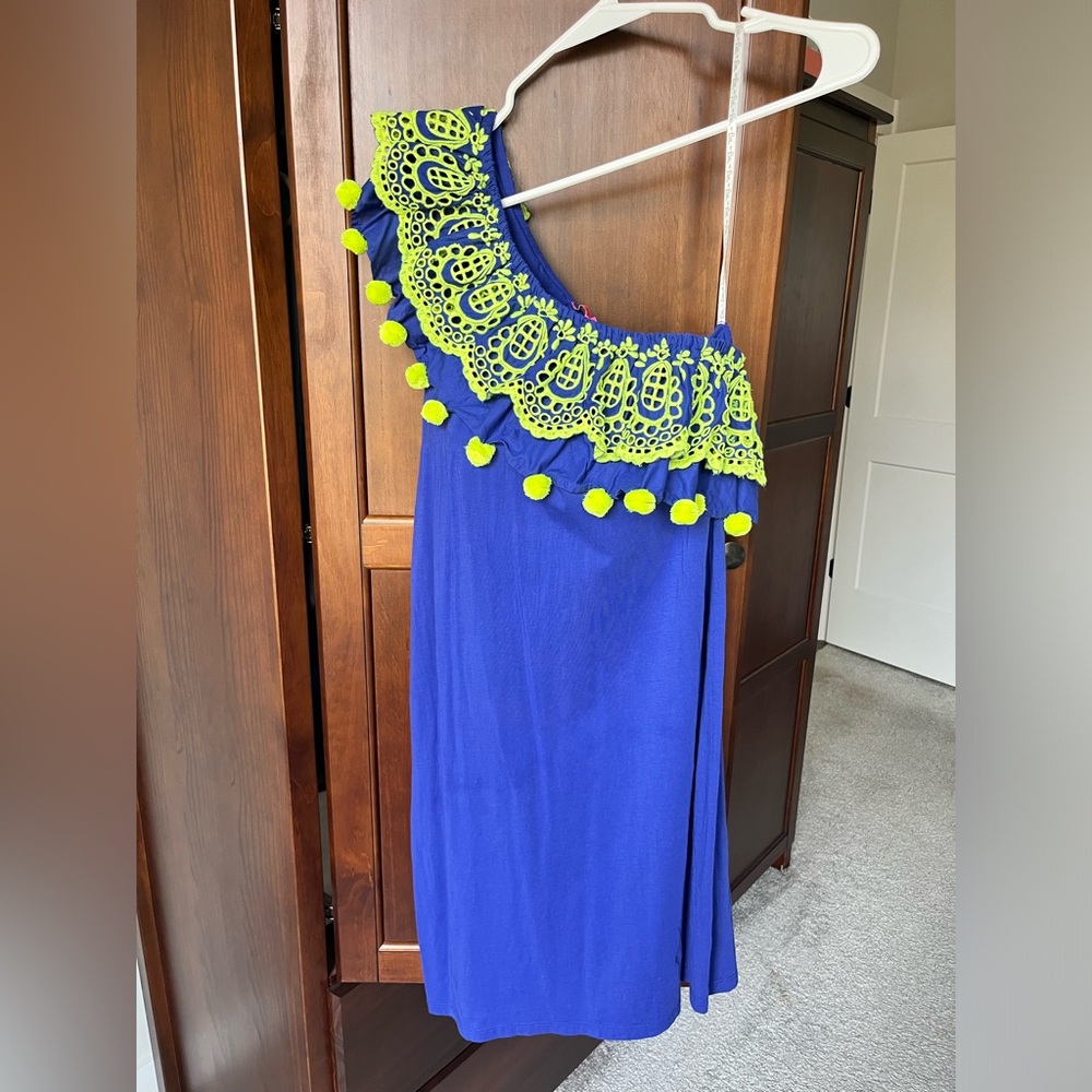 Lilly Pulitzer One-Shoulder Blue Dress with Neon Yellow Trim